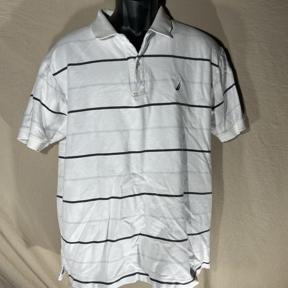 Nautica Men's Polo Shirt Size Large White Striped 100% Pima Cotton